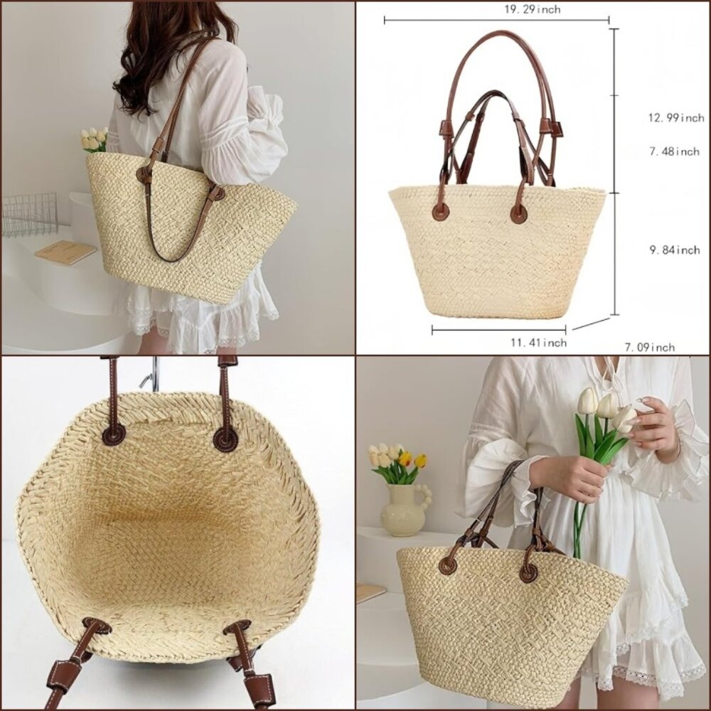 Saks Fifth Avenue Natural Straw Tote with Brown Leather Straps - Picture 2 of 11